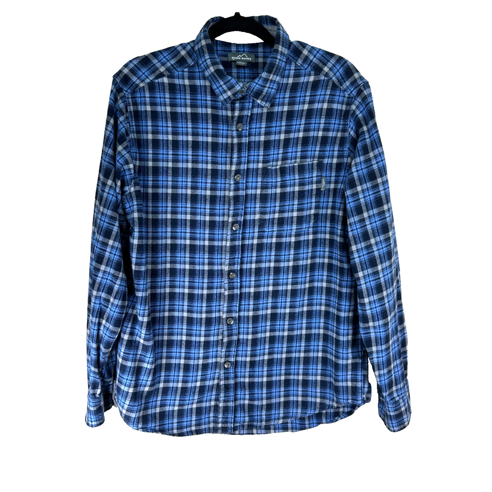 Eddie Bauer Shirt Mens Sz XL Blue Gray Flannel Plaid Button Up Cotton